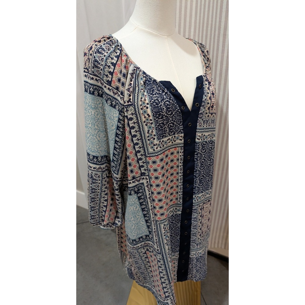 Halo Bohemian Patchwork Print Button Front Tunic Top 3/4 Sleeve‎ Women's